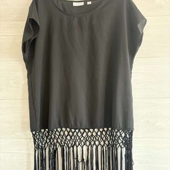 New York & Company Tops - New York & Company Black Fringe Short Sleeve Blouse M